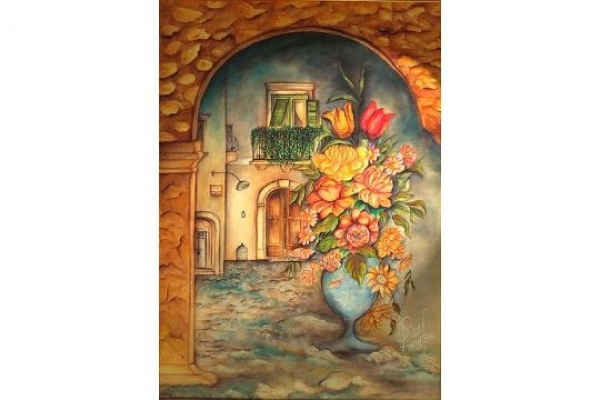 Vaso con fiori e sfondo paesaggistico - Acrilico spatolato su tela - cm 50x70 - € 2000.00